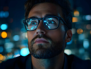 Aufkleber - a man with glasses gazes thoughtfully at a cityscape, illuminated by colorful lights.