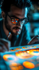 Poster - A focused individual wearing glasses works intently on a brightly lit design project.