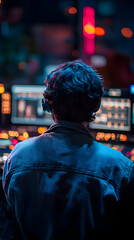 Poster - A person with headphones monitors screens in a dimly lit, colorful environment.