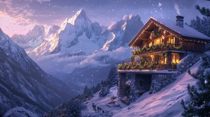 Poster - Enchanting Winter Wonderland: Cozy Mountain Cabin Surrounded by Snow-Capped Peaks and Pine Trees Under a Starry Sky at Dusk, Creating a Magical Holiday Atmosphere