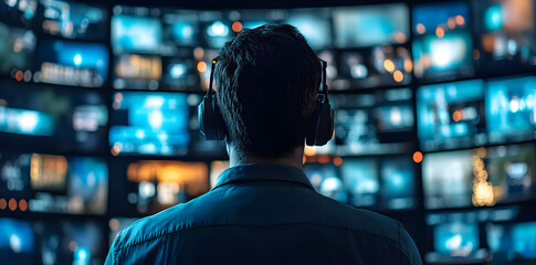 Aufkleber - A person wearing headphones observes multiple screens displaying various visuals.