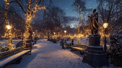 Poster - Serene Winter Evening in Park with Twinkling Lights, Snow-Covered Pathways, and Statue under a Calm Sky, Perfect for Holiday-Themed Illustrations and Seasonal Artwork