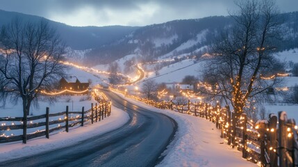 Poster - Scenic Winter Road with Twinkling Lights in a Snowy Landscape, Captivating View of a Serene Village and Mountainous Background Under a Cloudy Sky