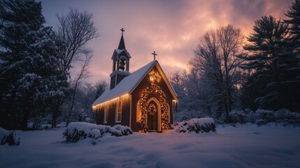 Poster - Charming Winter Church Illuminated by Festive Lights During Snowy Evening, Surrounded by Winter Trees and Softly Falling Snow Under a Serene Sky