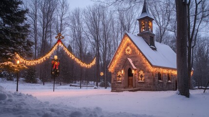 Poster - Charming winter scene featuring a quaint stone church adorned with festive lights, surrounded by snow-covered trees and a serene, peaceful atmosphere in a snowy landscape