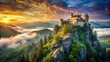 © Danicha - Stunning Double Exposure of a Majestic Stone Fortress on a Mountaintop Cliff Surrounded by Lush Forest and a Dreamy Sky at Dusk Capturing the Essence of Adventure and Serenity