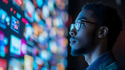 Poster - A person gazes thoughtfully at a vibrant screen displaying various media content.