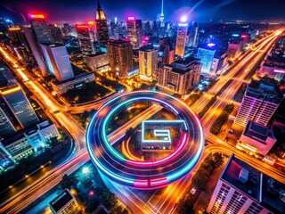 Wall Mural - Stunning Drone Photography of Neon Light Trail Text Effect Featuring Animated Letter G in Vibrant Colors Against a Night Cityscape, Perfect for Creative Digital Backgrounds