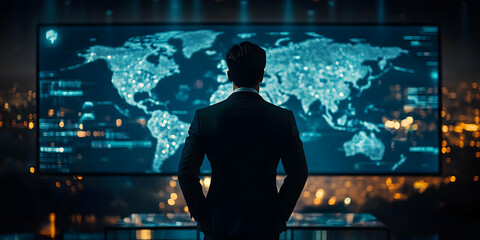 Poster - A person in a suit observes a digital world map on a screen in a modern office setting.