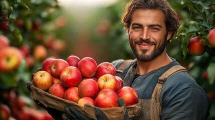 Wall Mural - Smiling man in an orchard holding apples, wearing black gloves, surrounded by nature