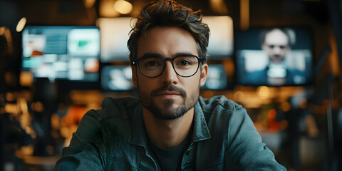 Poster - A young man with glasses sits in a modern setting, focused and engaged.