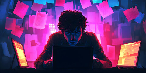 Poster - A focused individual working on a laptop amidst a chaotic backdrop of papers.
