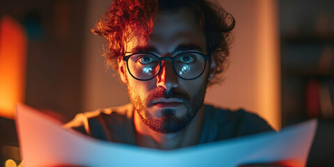 Poster - A focused young man reading a document in a dimly lit room.