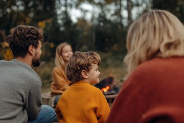 Wall Mural - A family enjoys quality time together around a cozy campfire in an autumn forest.
