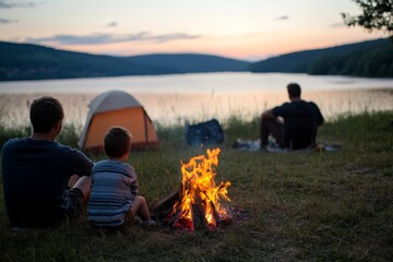 Wall Mural - A family sits around a campfire by a peaceful lake at sunset, enjoying the tranquil ambiance of nature.
