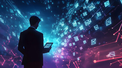 Aufkleber - A silhouette of a person in a suit interacting with digital data and email icons.