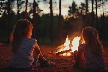 Wall Mural - Two children sitting by a campfire during dusk, surrounded by a dark forest backdrop.