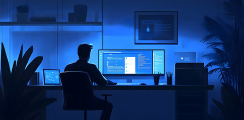 Poster - A person working late at a desk illuminated by blue light, surrounded by plants.