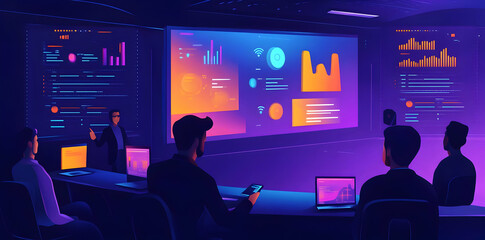 Fototapete - A business presentation with data visualizations in a modern conference room.