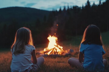 Wall Mural - Two children sitting by a campfire during dusk, surrounded by a dark forest backdrop.