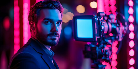 Aufkleber - A man in a suit poses beside a camera amidst vibrant neon lights.