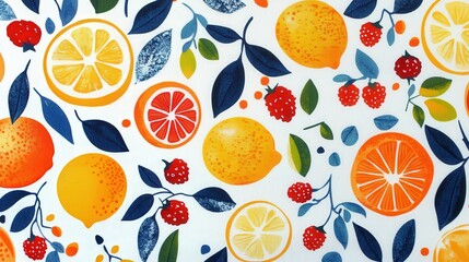 Wall Mural - A playful fruit-themed fabric pattern with bright lemons, oranges, and berries scattered across the fabric