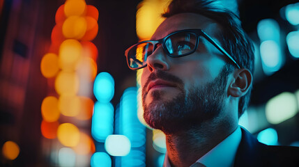 Aufkleber - A man in glasses gazes thoughtfully amidst colorful city lights at night.