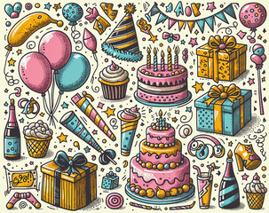 Canvas Print - Colorful birthday illustration featuring cakes, balloons, and party decorations