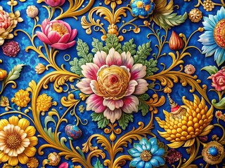 Wall Mural - Stunning Panoramic Floral Design with Intricate Patterns on a Rich Blue and Gold Background, Perfect for Home Decor or Event Decorations, Evoking Elegance and Sophistication