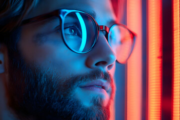 Aufkleber - A close-up of a man with glasses illuminated by colorful lights, creating a dramatic effect.