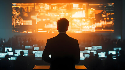 Poster - A speaker addresses an audience in a tech-focused environment with data visuals.