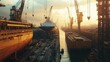 © wicha - A shipbuilding industry dock with massive ship parts being assembled by cranes, showcasing the scale of marine engineering.