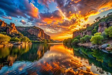 Poster - Stunning Silhouette of Canyon Lake at Sunset with Dramatic Sky and Reflections on Water, Perfect for Nature Lovers and Landscape Photography Enthusiasts