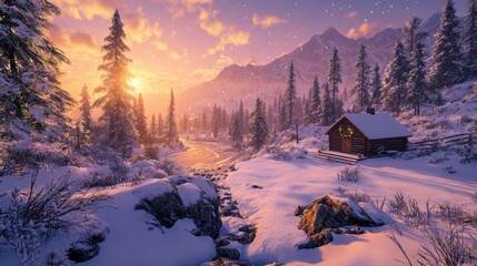 Poster - Tranquil Winter Cabin Scene at Sunset Surrounded by Snowy Pines and Majestic Mountains Reflecting in Calm Water