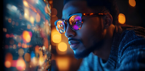 Aufkleber - A person wearing stylish glasses gazes intently at a colorful display of lights.