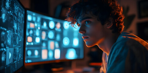 Fototapete - A focused young individual analyzes data on dual monitors in a dimly lit room.