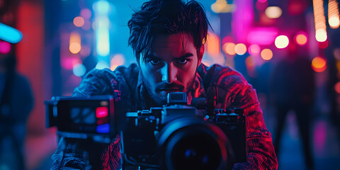 Aufkleber - A focused photographer capturing a moment in a vibrant, neon-lit urban setting.