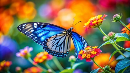 Wall Mural - Stunning Tilt-Shift Photography of a Blue Monarch Butterfly on a Flower, Capturing the Delicate Beauty of Nature's Insects in Vibrant Detail