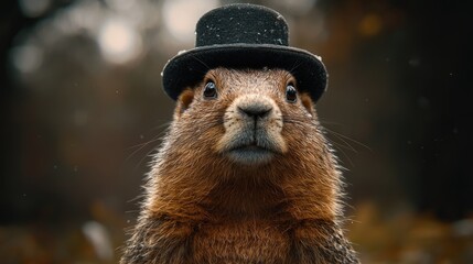 Cute fluffy groundhog in a top hat. Groundhog Day holiday