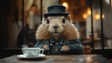 Wall Mural - Cute groundhog in a hat and with a cup of hot tea. Groundhog Day holiday