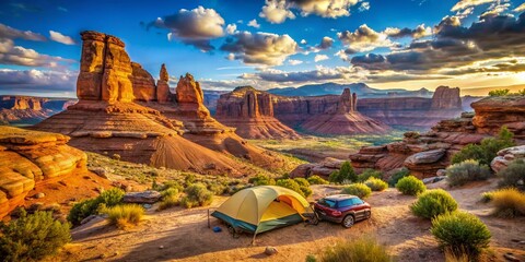 Poster - Stunning Tilt-Shift Photography of Man Car Camping with Tent in the Enchanting Wilderness of Canyonlands National Park, Utah, Showcasing Breathtaking Natural Beauty and Adventure