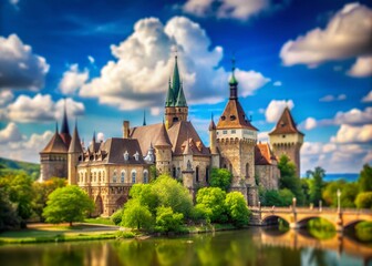 Wall Mural - Stunning Tilt-Shift Photography of Vajdahunyad Castle in Budapest Against a Beautiful Blue Sky with Fluffy Clouds on a Bright Sunny Day