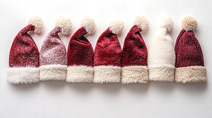 Poster - Row of various Christmas Santa hats in different shades of red and white on a white background.