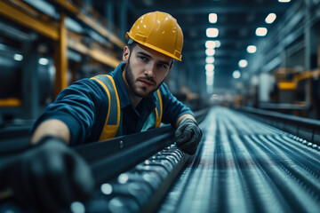 Poster - Skilled operator performs troubleshooting in industrial environment at night