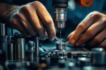 Fototapete - Quality controller meticulously examines precision components in a workshop
