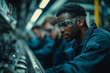Poster - Diverse production line specialists collaborating in a modern factory setting