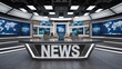 © Lubos Chlubny - Virtual news studio set with multiple screens displaying breaking news