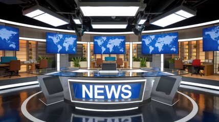 Modern tv studio news desk displaying world map on multiple screens
