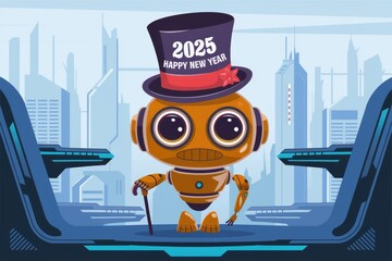 Poster - Robot wearing a top hat celebrating new year 2025 in futuristic city