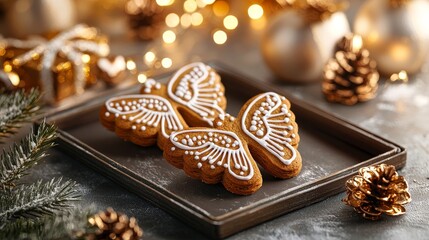 Gingerbread angel cookie with delicate wings and halo crafted with frosting, intricate detailing for a festive holiday treat